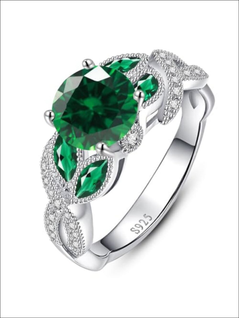 925 Sterling Silver Created Emerald Engagement Ring Prong Set Band